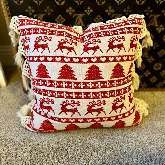 Pair of Christmas Red White Tapestry Pillow Covers Deer, Tree, Hearts - Picture 2 of 6